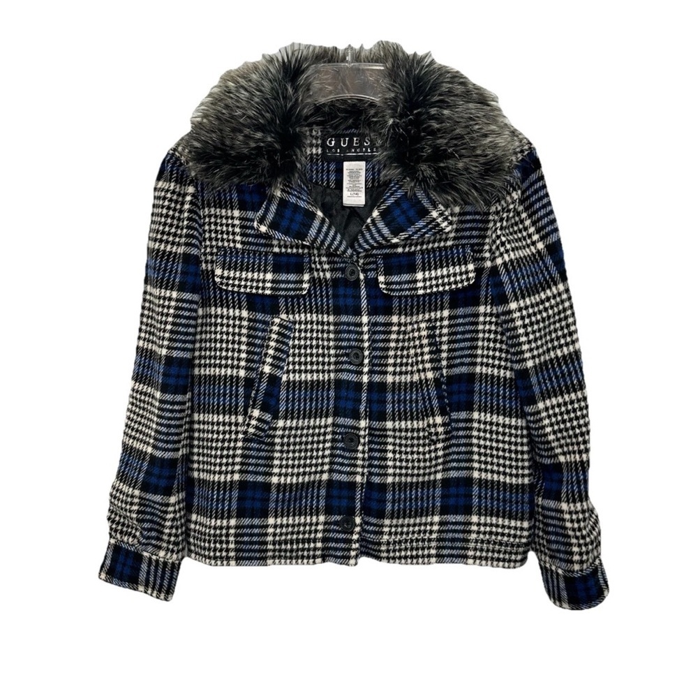 GUESS Girls Blue Plaid Jacket with Faux Fur Collar L-14